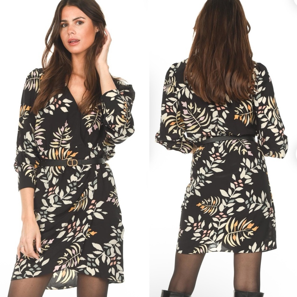 ba&sh NWT Cassie Leaf Print‎ Mini Dress Small black floral long sleeve faux wrap